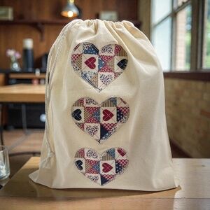 Farmhouse Appliqué Heart Muslin Bread Bag, Handmade Cotton Sourdough Storage